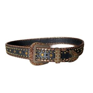Vintage Gail Labelle Black Bonded Leather Studded Chrystal Belt size XL Western